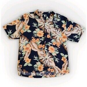 Caribbean Joe Hawaiian Shirt Mens Large Floral Blue Linen CottonBlend Button Up